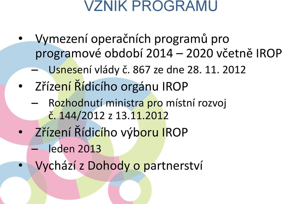 2012 Zřízení Řídicího orgánu IROP Rozhodnutí ministra pro místní rozvoj