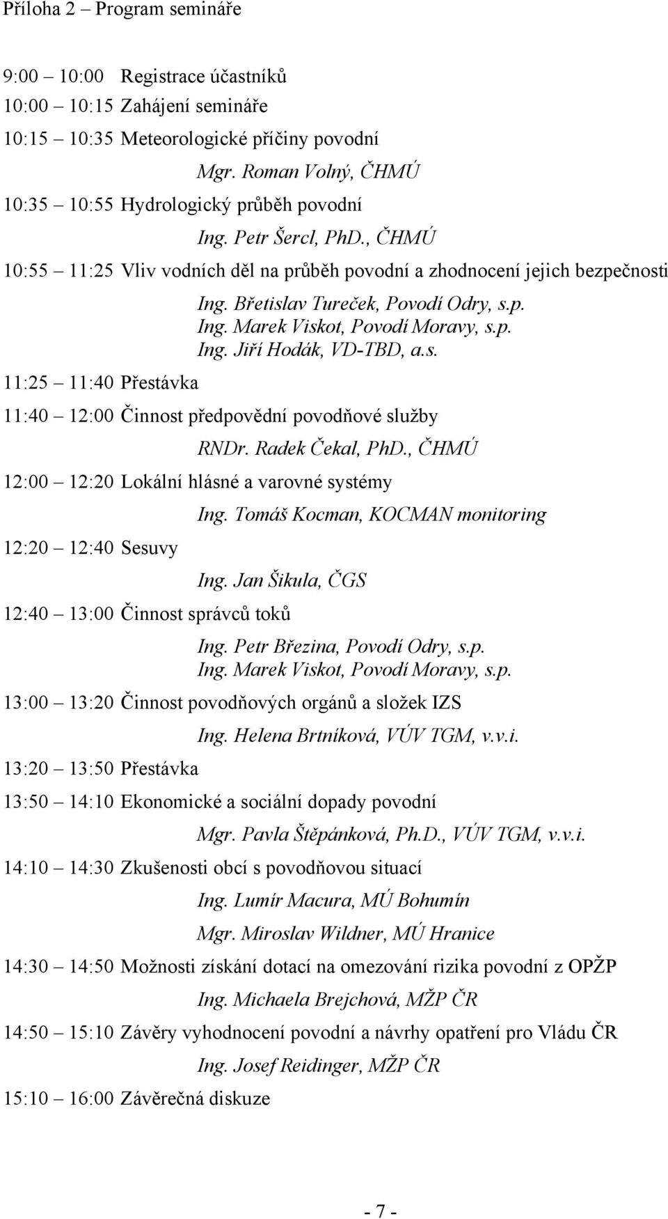 s. 11:25 11:40 Přestávka 11:40 12:00 Činnost předpovědní povodňové služby RNDr. Radek Čekal, PhD., ČHMÚ 12:00 12:20 Lokální hlásné a varovné systémy Ing.