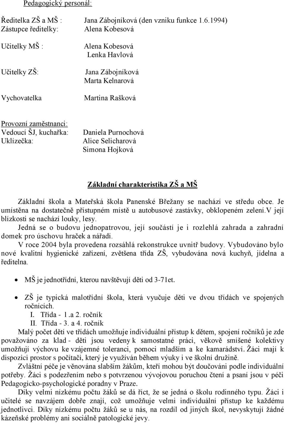 kuchařka: Uklízečka: Daniela Purnochová Alice Selicharová Simona Hojková Základní charakteristika ZŠ a MŠ Základní škola a Mateřská škola Panenské Břežany se nachází ve středu obce.