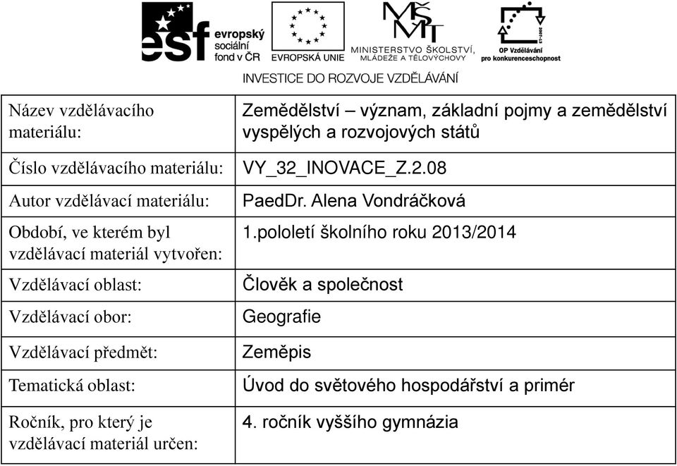 Zemědělství význam, základní pojmy a zemědělství vyspělých a rozvojových států VY_32_INOVACE_Z.2.08 PaedDr. Alena Vondráčková 1.