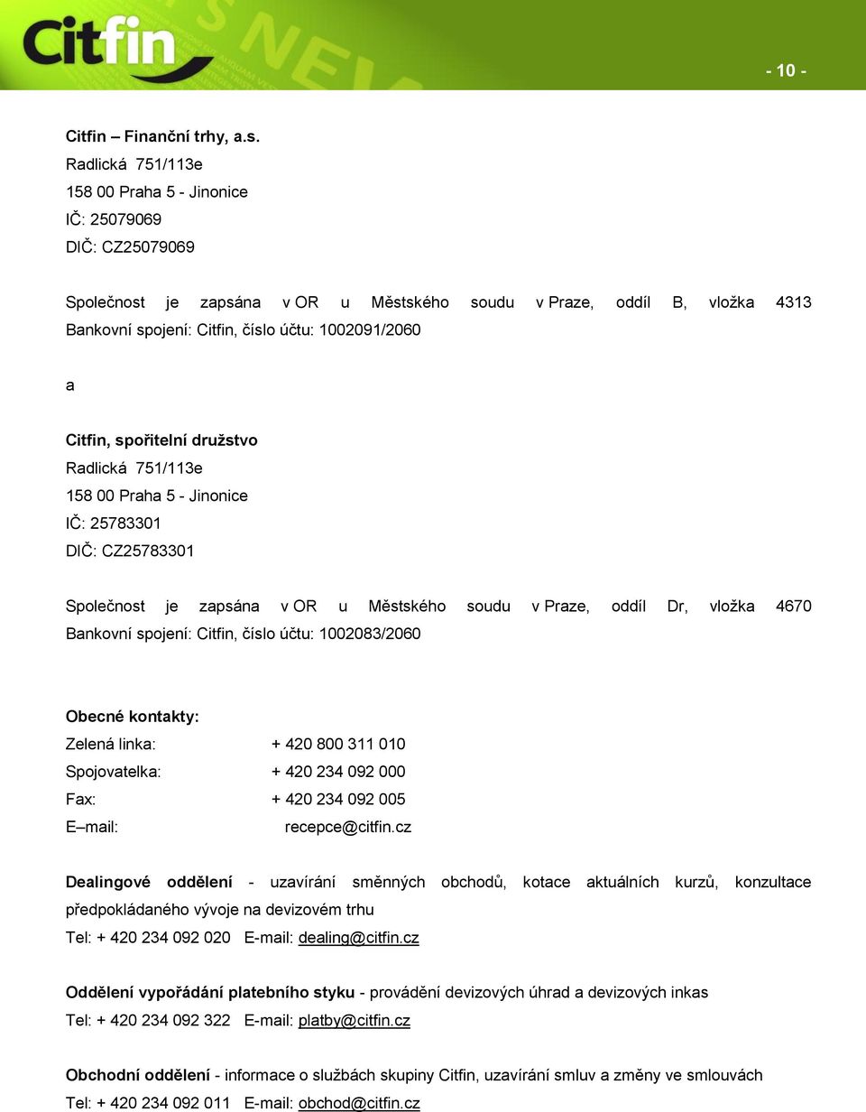 1002091/2060 a Citfin, spořitelní družstvo Radlická 751/113e 158 00 Praha 5 - Jinonice IČ: 25783301 DIČ: CZ25783301 Společnost je zapsána v OR u Městského soudu v Praze, oddíl Dr, vložka 4670