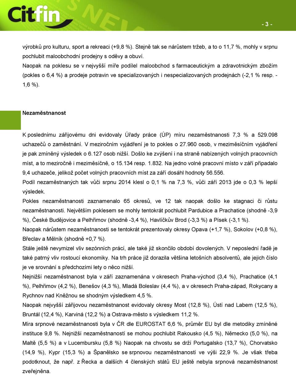 - 1,6 %). - 3 - Nezaměstnanost K poslednímu zářijovému dni evidovaly Úřady práce (ÚP) míru nezaměstnanosti 7,3 % a 529.098 uchazečů o zaměstnání. V meziročním vyjádření je to pokles o 27.