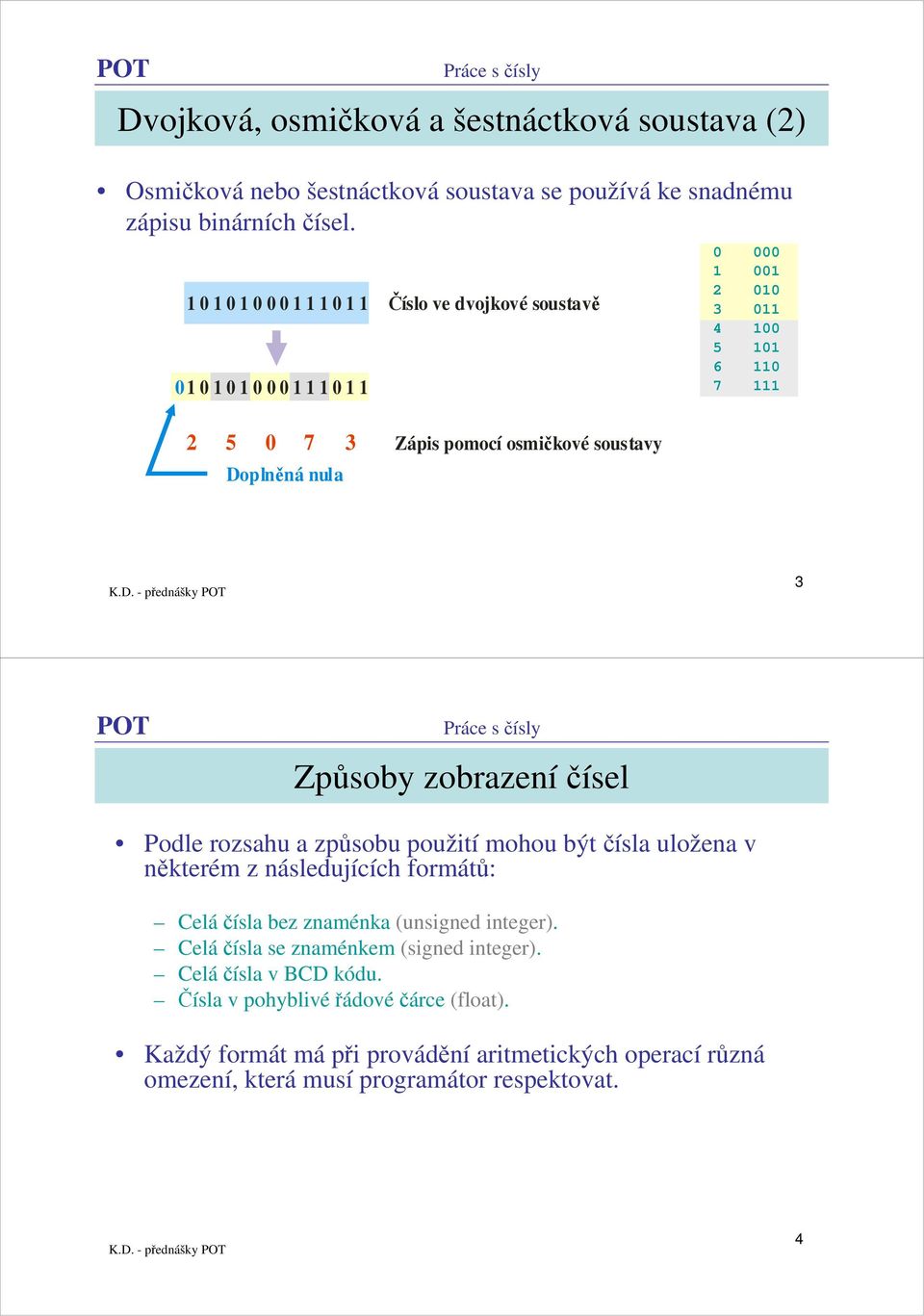 použití mohou být čísla uložena v některém z následujících formátů: Celáčísla bez znaménka (unsigned integer).