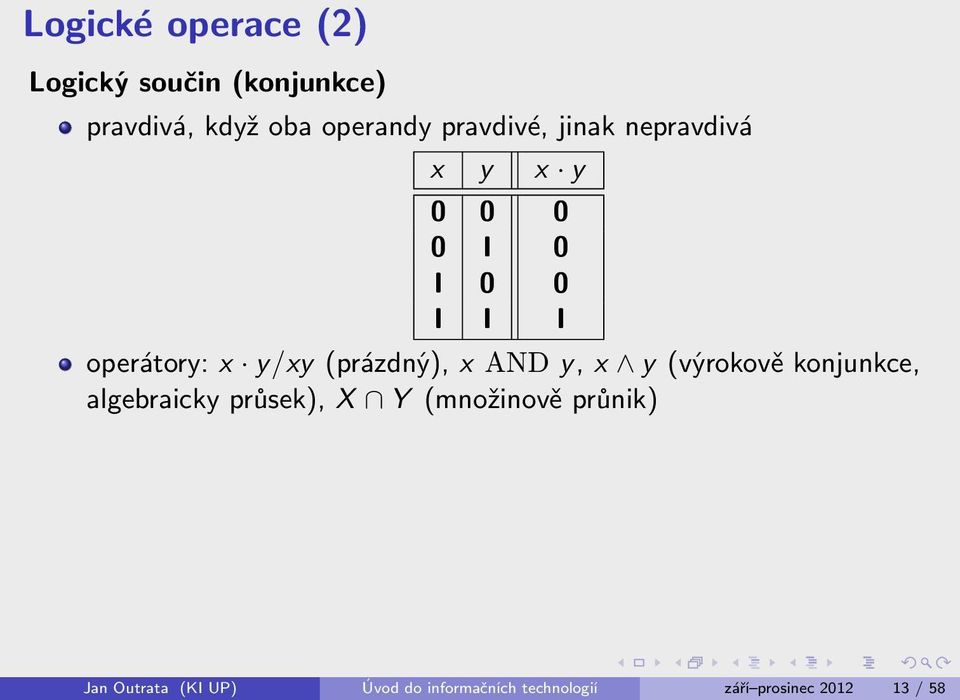 (prázdný), x AND y, x y (výrokově konjunkce, algebraicky průsek), X Y