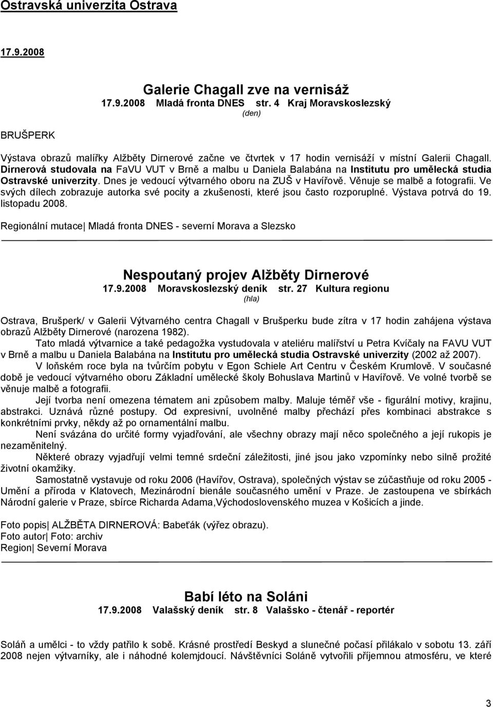 Dirnerová studovala na FaVU VUT v Brně a malbu u Daniela Balabána na Institutu pro umělecká studia Ostravské univerzity. Dnes je vedoucí výtvarného oboru na ZUŠ v Havířově.