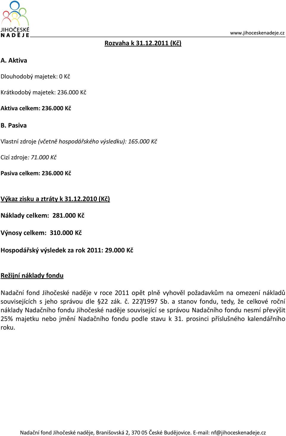 000 Kč Režijní náklady fondu Nadační fond Jihočeské naděje v roce 2011 opět plně vyhověl požadavkům na omezení nákladů souvisejících s jeho správou dle 22 zák. č. 227/1997 Sb.