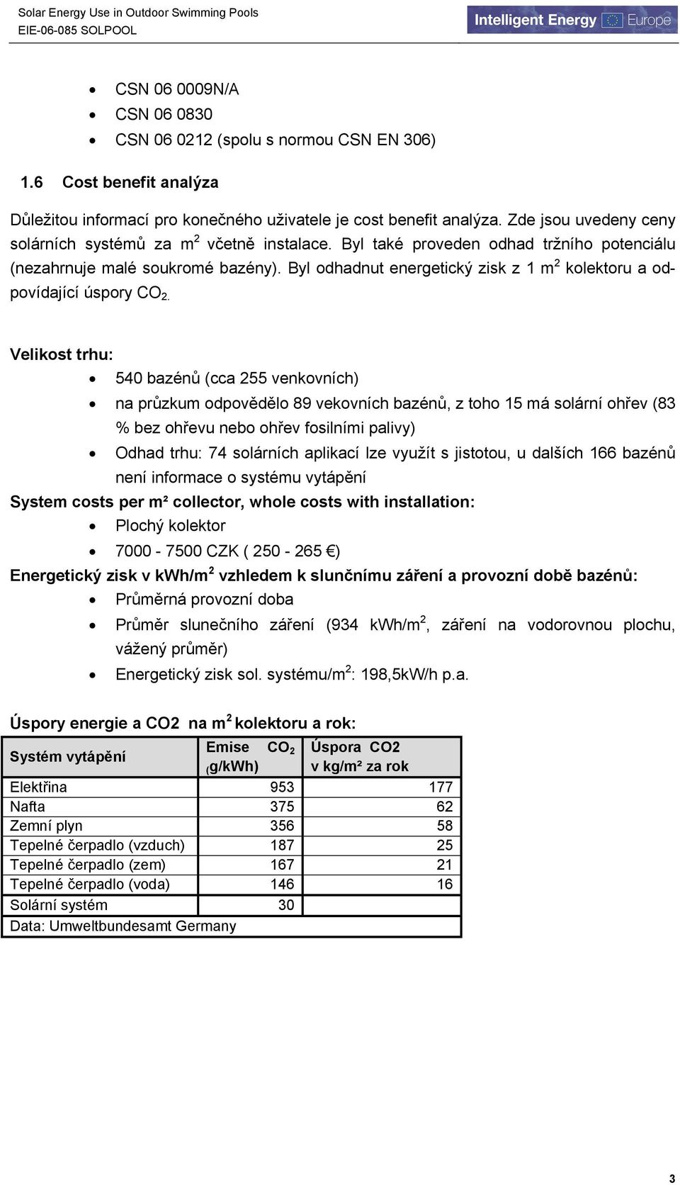 Byl odhadnut energetický zisk z 1 m 2 kolektoru a odpovídající úspory CO 2.