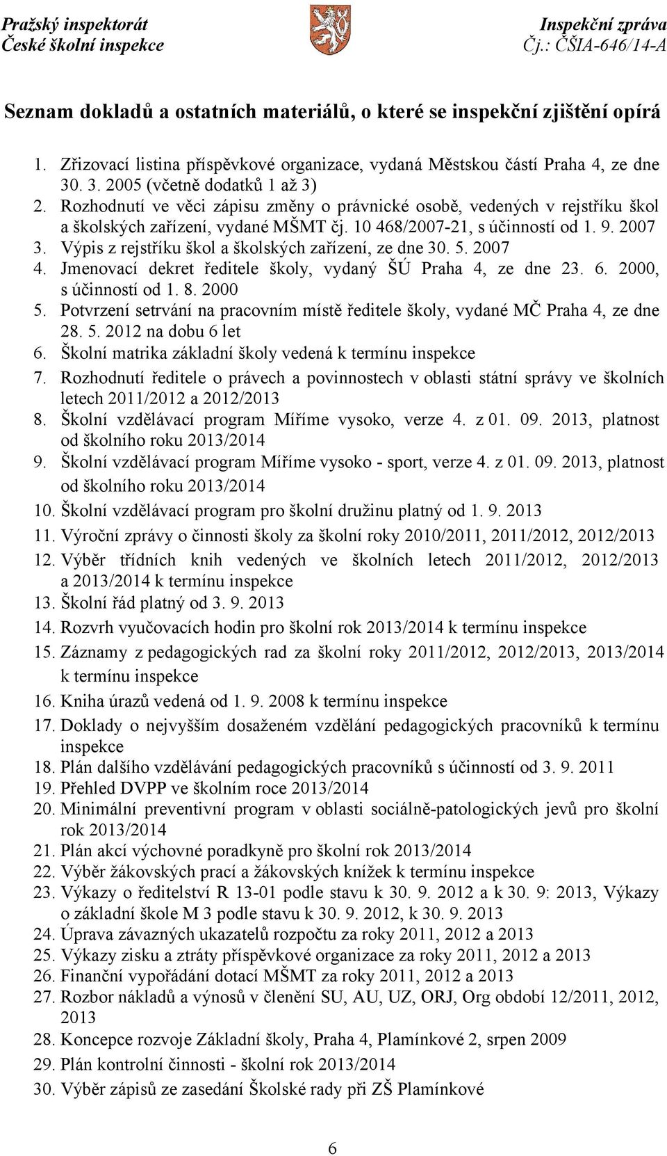 Výpis z rejstříku škol a školských zařízení, ze dne 30. 5. 2007 4. Jmenovací dekret ředitele školy, vydaný ŠÚ Praha 4, ze dne 23. 6. 2000, s účinností od 1. 8. 2000 5.