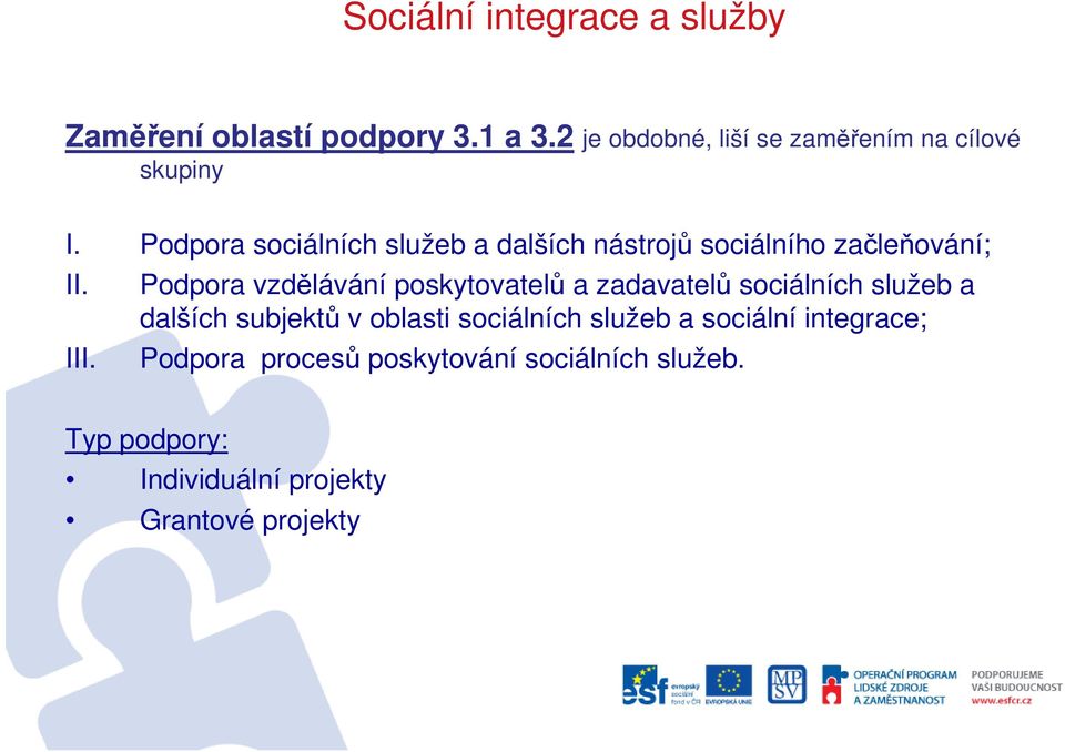 Podpora sociálních služeb a dalších nástrojů sociálního začleňování; II. III.