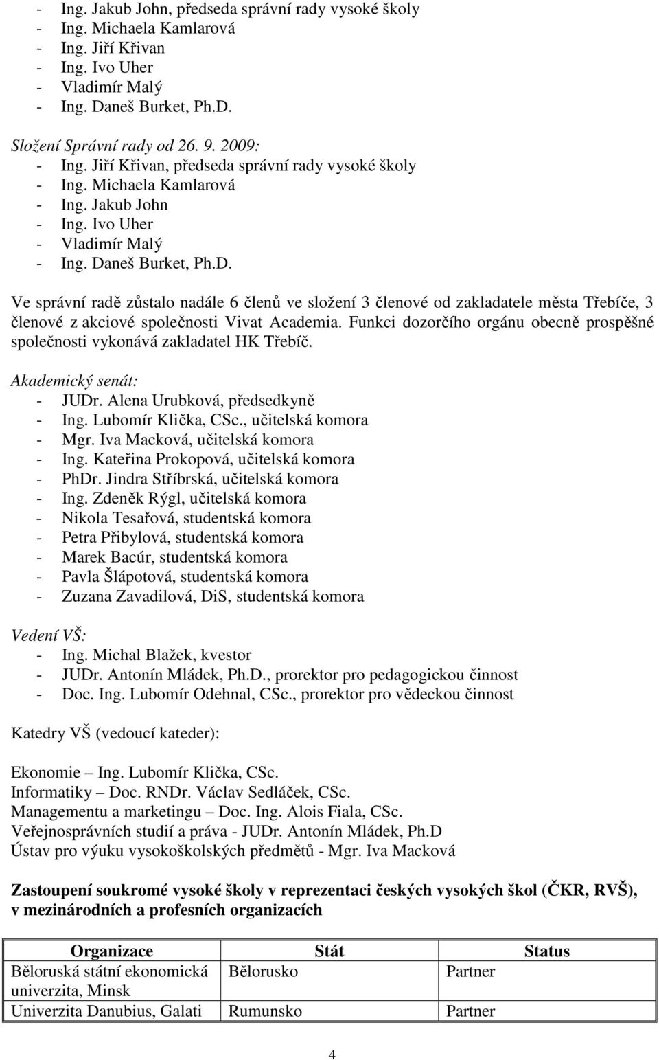 neš Burket, Ph.D. Ve správní radě zůstalo nadále 6 členů ve složení 3 členové od zakladatele města Třebíče, 3 členové z akciové společnosti Vivat Academia.