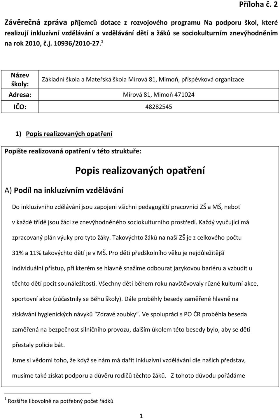 této struktuře: A) Podíl na inkluzívním vzdělávání Popis realizovaných opatření Do inkluzívního zdělávání jsou zapojeni všichni pedagogičtí pracovníci ZŠ a MŠ, neboť v každé třídě jsou žáci ze