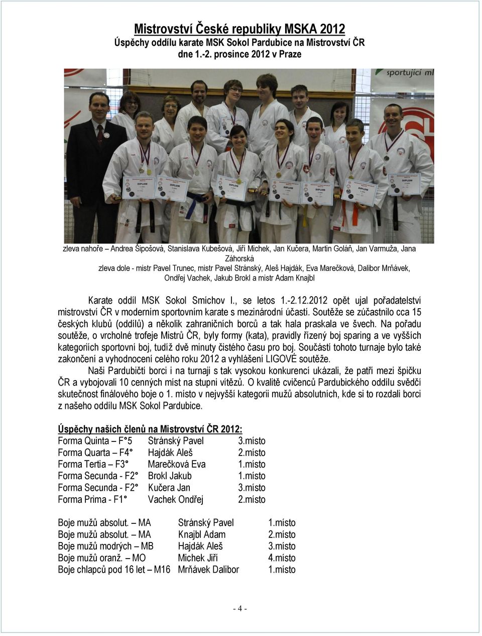 Hajdák, Eva Marečková, Dalibor Mrňávek, Ondřej Vachek, Jakub Brokl a mistr Adam Knajbl Karate oddíl MSK Sokol Smíchov I., se letos 1.-2.12.