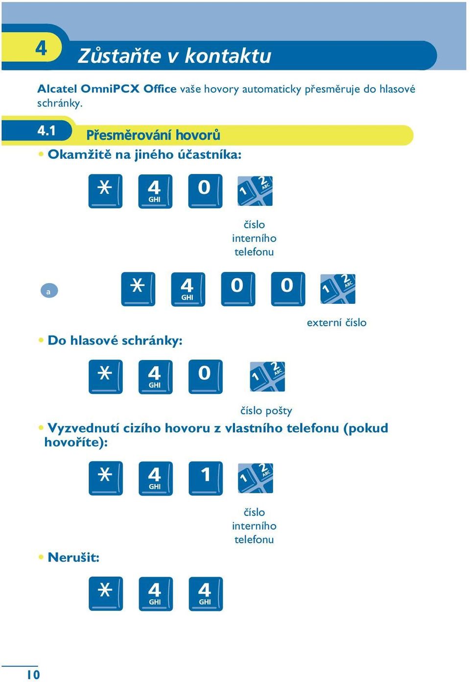 1 Pøesmìrování hovorù Okam½itì na jiného úèastníka: èíslo interního telefonu a Do