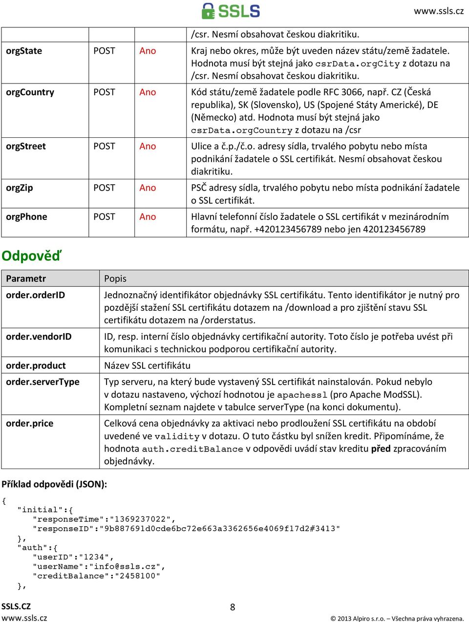 Hodnota musí být stejná jako csrdata.orgcountry z dotazu na /csr orgstreet POST Ano Ulice a č.p./č.o. adresy sídla, trvalého pobytu nebo místa podnikání žadatele o SSL certifikát.