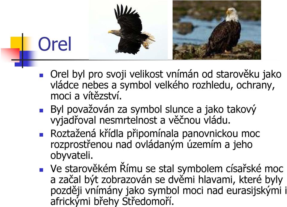 Roztažená křídla připomínala panovnickou moc rozprostřenou nad ovládaným územím a jeho obyvateli.