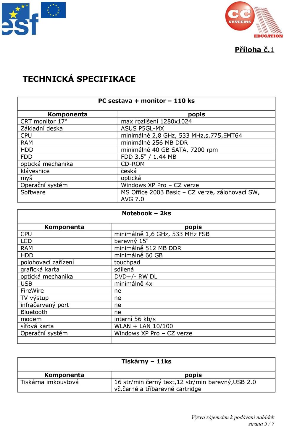 minimálně 2,8 GHz, 533 MHz,s.775,EMT64 minimálně 256 MB DDR minimálně 40 GB SATA, 7200 rpm FDD 3,5 / 1.