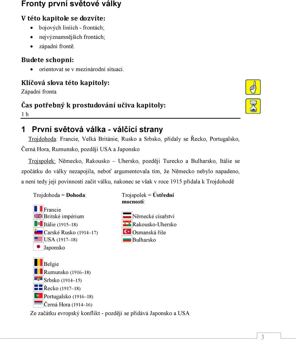 Řecko, Portugalsko, Černá Hora, Rumunsko, později USA a Japonsko Trojspolek: Německo, Rakousko Uhersko, později Turecko a Bulharsko, Itálie se zpočátku do války nezapojila, neboť argumentovala tím,