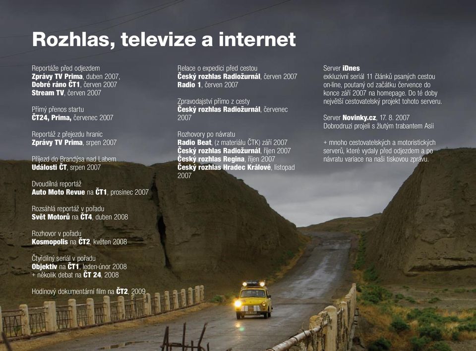 2008 Rozhovor v pořadu Kosmopolis na ČT2, květen 2008 Čtyřdílný seriál v pořadu Objektiv na ČT1, leden-únor 2008 + několik debat na ČT 24, 2008 Hodinový dokumentární fi lm na ČT2, 2009 Relace o