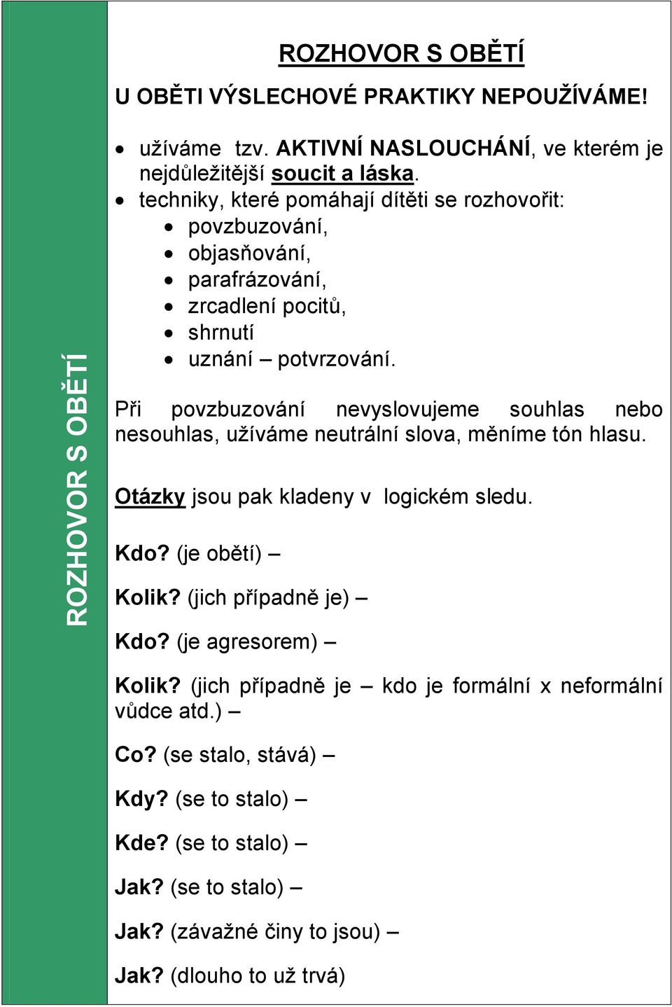 Při povzbuzování nevyslovujeme souhlas nebo nesouhlas, užíváme neutrální slova, měníme tón hlasu. Otázky jsou pak kladeny v logickém sledu. Kdo? (je obětí) Kolik?