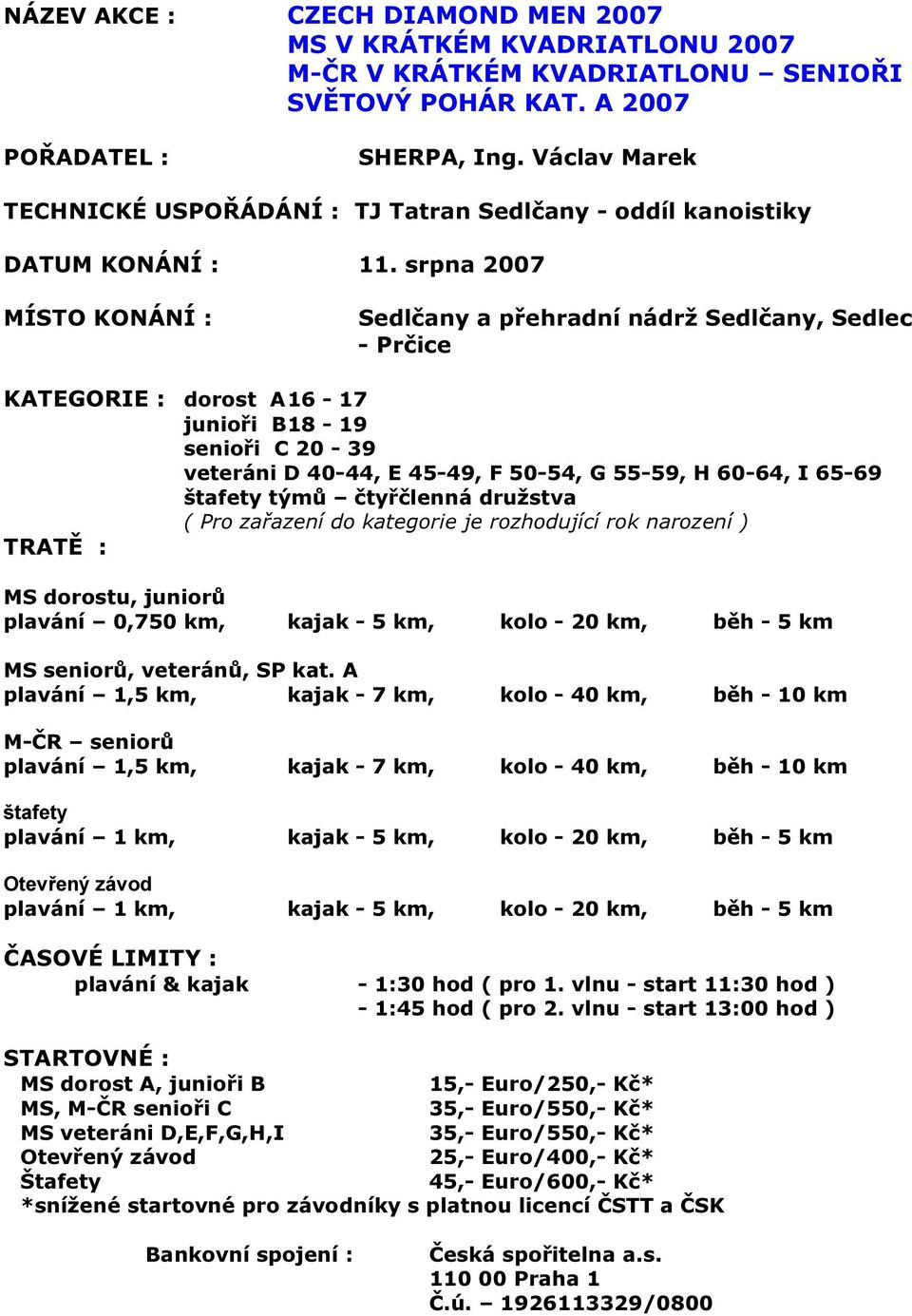 srpna 2007 MÍSTO KONÁNÍ : Sedlčany a přehradní nádrž Sedlčany, Sedlec - Prčice KATEGORIE : dorost A 16-17 junioři B 18-19 senioři C 20-39 veteráni D 40-44, E 45-49, F 50-54, G 55-59, H 60-64, I 65-69