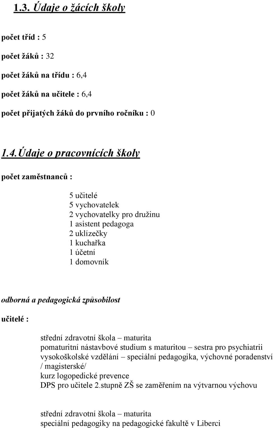 počet přijatých žáků do prvního ročníku : 0 1.4.