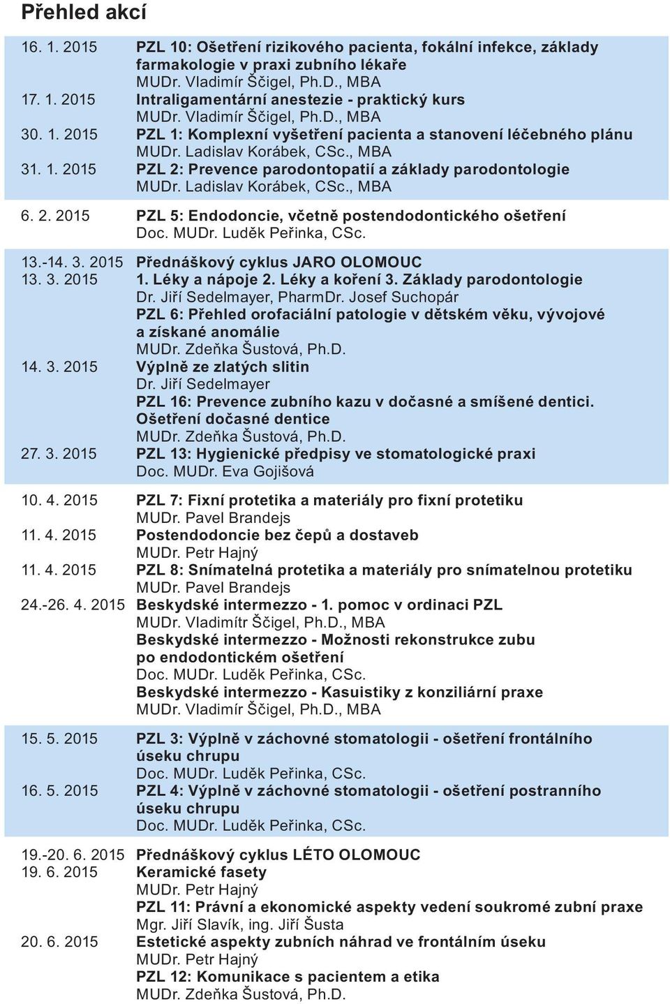 Ldislv Korábek, CSc., MBA 6. 2. 2015 PZL 5: Endodoncie, včetně postendodontického ošetření Doc. MUDr. Luděk Peřink, CSc. 13.-14. 3. 2015 Přednáškový cyklus JARO OLOMOUC 13. 3. 2015 1. Léky nápoje 2.