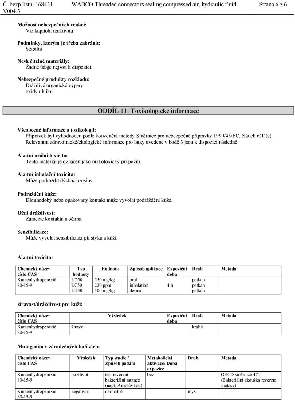 Nebezpečné produkty rozkladu: Dráždivé organické výpary oxidy uhlíku ODDÍL 11: Toxikologické informace Všeobecné informace o toxikologii: Přípravek byl vyhodnocen podle konvenční metody Směrnice pro