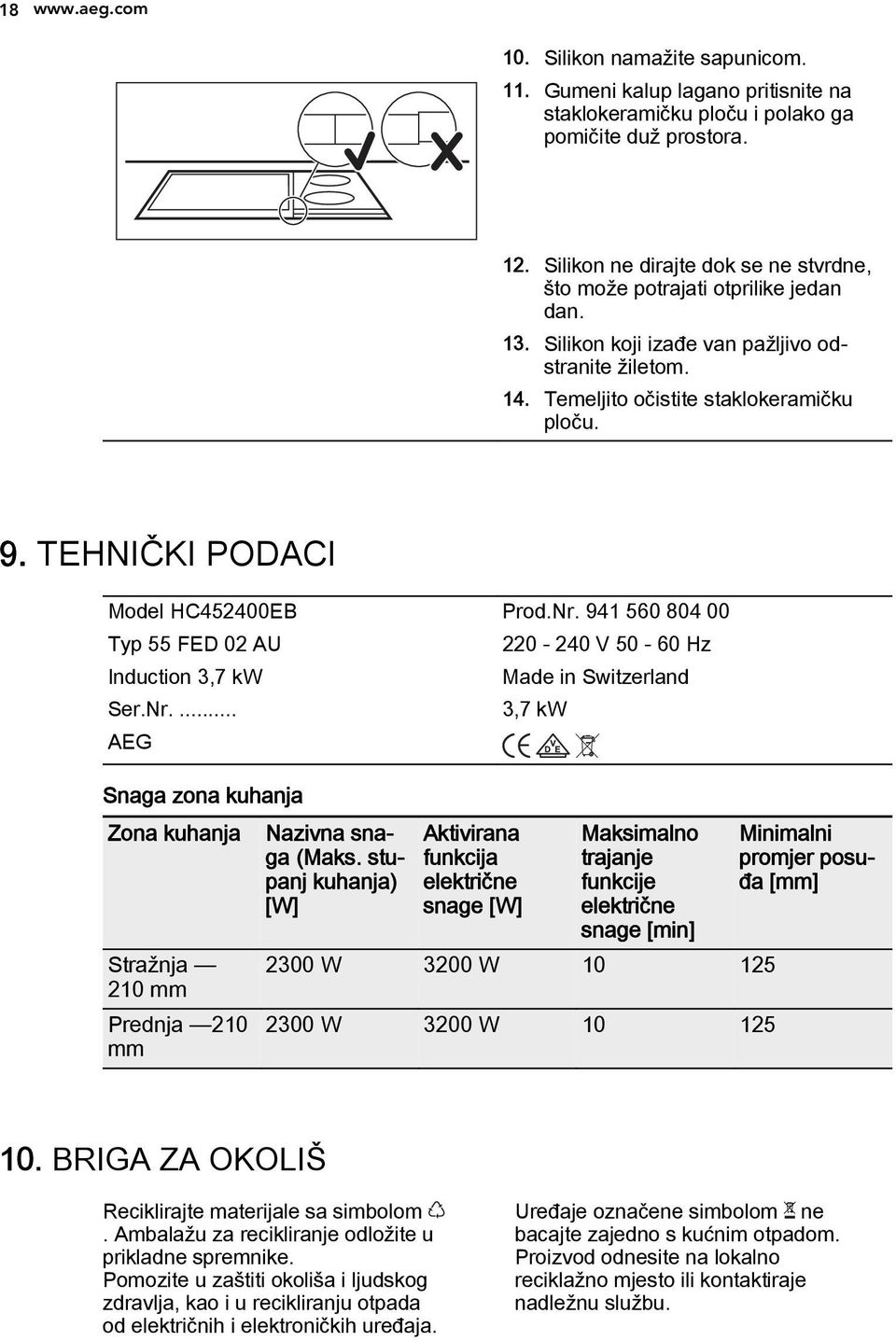 TEHNIČKI PODACI Model HC452400EB Prod.Nr. 941 560 804 00 Typ 55 FED 02 AU 220-240 V 50-60 Hz Induction 3,7 kw Made in Switzerland Ser.Nr.... 3,7 kw AEG Snaga zona kuhanja Zona kuhanja Nazivna snaga (Maks.