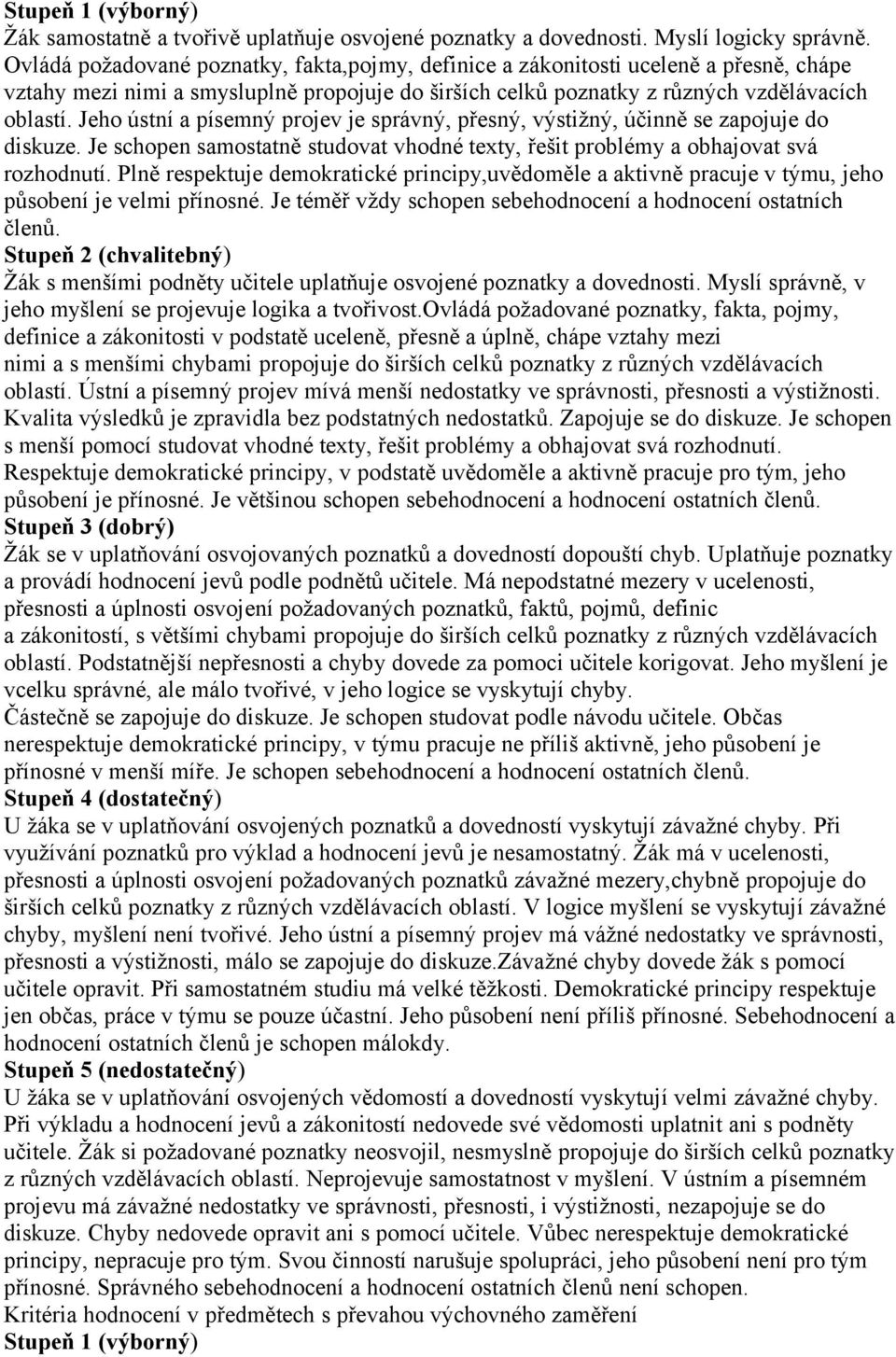 Jeho ústní a písemný projev je správný, přesný, výstižný, účinně se zapojuje do diskuze. Je schopen samostatně studovat vhodné texty, řešit problémy a obhajovat svá rozhodnutí.