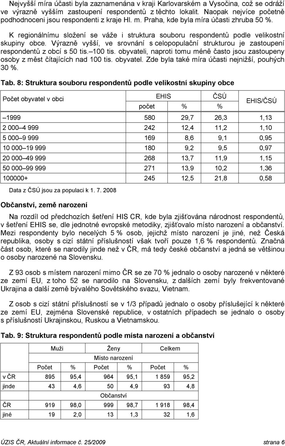 K regionálnímu složení se váže i struktura souboru respondentů podle velikostní skupiny obce. Výrazně vyšší, ve srovnání s celopopulační strukturou je zastoupení respondentů z obcí s 50 tis. 100 tis.