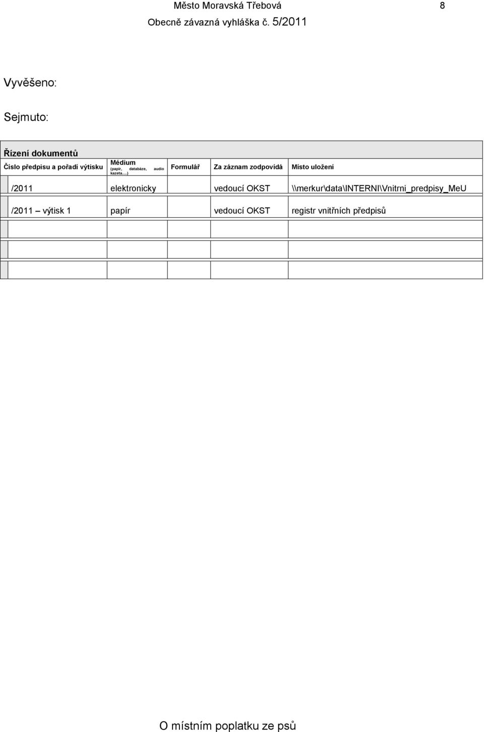) Formulář Za záznam zodpovídá Místo uložení /2011 elektronicky vedoucí OKST