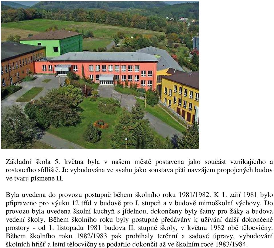 Do provozu byla uvedena školní kuchyň s jídelnou, dokončeny byly šatny pro žáky a budova vedení školy. Během školního roku byly postupně předávány k užívání další dokončené prostory - od 1.