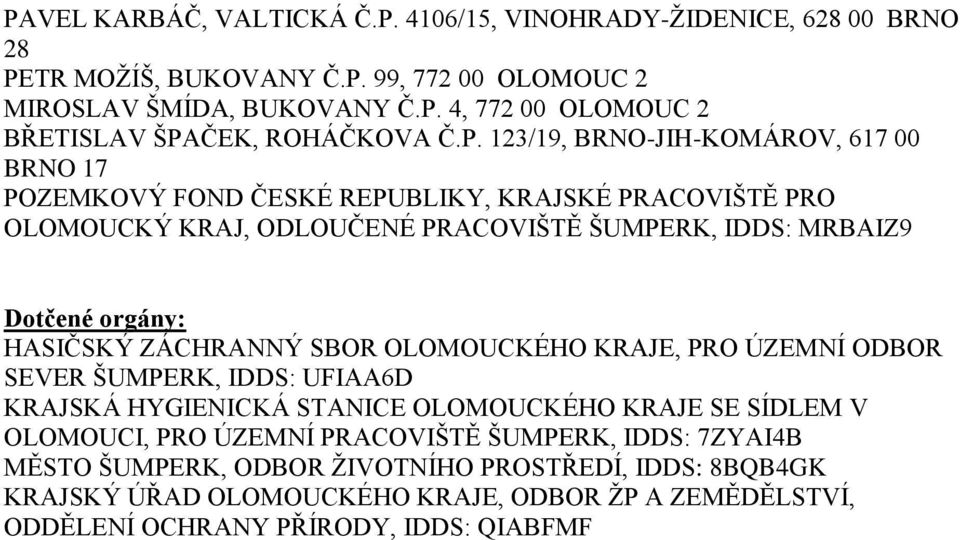 HASIČSKÝ ZÁCHRANNÝ SBOR OLOMOUCKÉHO KRAJE, PRO ÚZEMNÍ ODBOR SEVER ŠUMPERK, IDDS: UFIAA6D KRAJSKÁ HYGIENICKÁ STANICE OLOMOUCKÉHO KRAJE SE SÍDLEM V OLOMOUCI, PRO ÚZEMNÍ PRACOVIŠTĚ