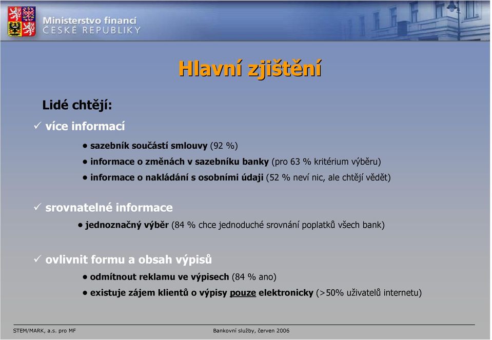 srovnatelné informace jednoznačný výběr (84 % chce jednoduché srovnání poplatků všech bank) ovlivnit formu a