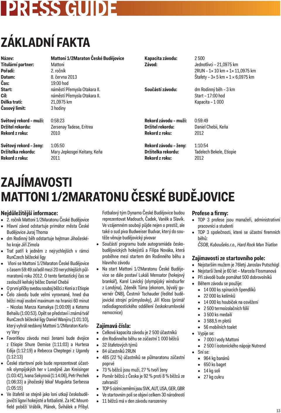 Délka trati: 21,0975 km Časový limit: 3 hodiny Světový rekord muži: 0:58:23 Držitel rekordu: Zersenay Tadese, Eritrea Rekord z roku: 2010 Světový rekord ženy: 1:05:50 Držitelka rekordu: Mary