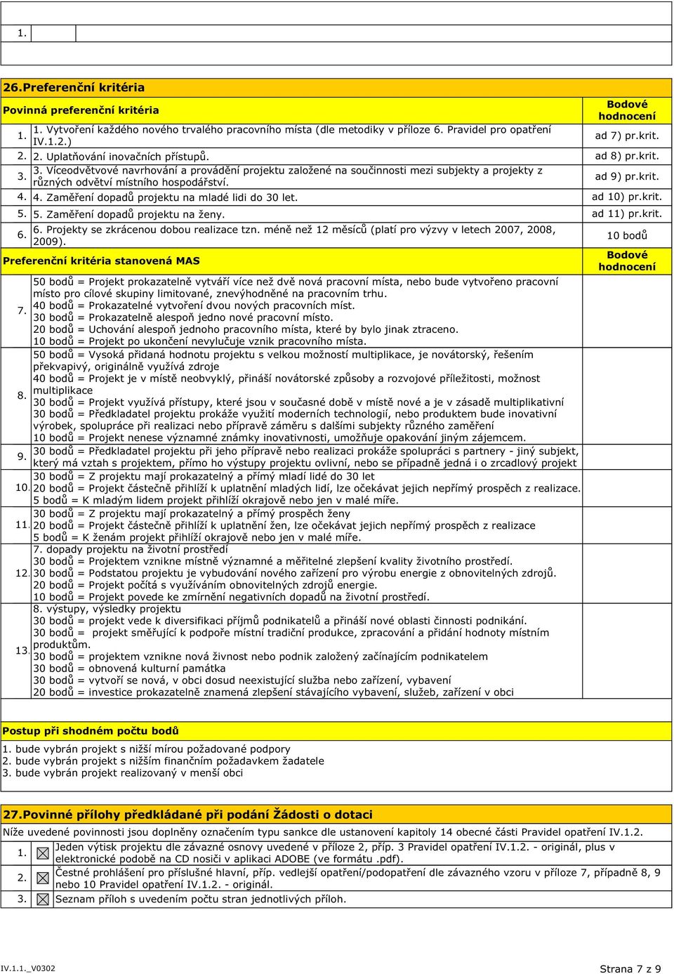 4. Zaměření dopadů projektu na mladé lidi do 30 let. ad 10) pr.krit. 5. 5. Zaměření dopadů projektu na ženy. ad 11) pr.krit. 6. 6. Projekty se zkrácenou dobou realizace tzn.