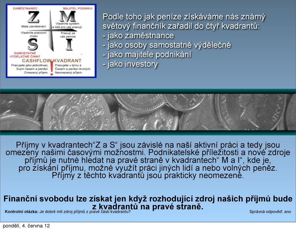 Podnikatelské příležitosti a nové zdroje příjmů je nutné hledat na pravé straně v kvadrantech M a I, kde je, pro získání příjmu, možné využít práci jiných lidí a nebo volných