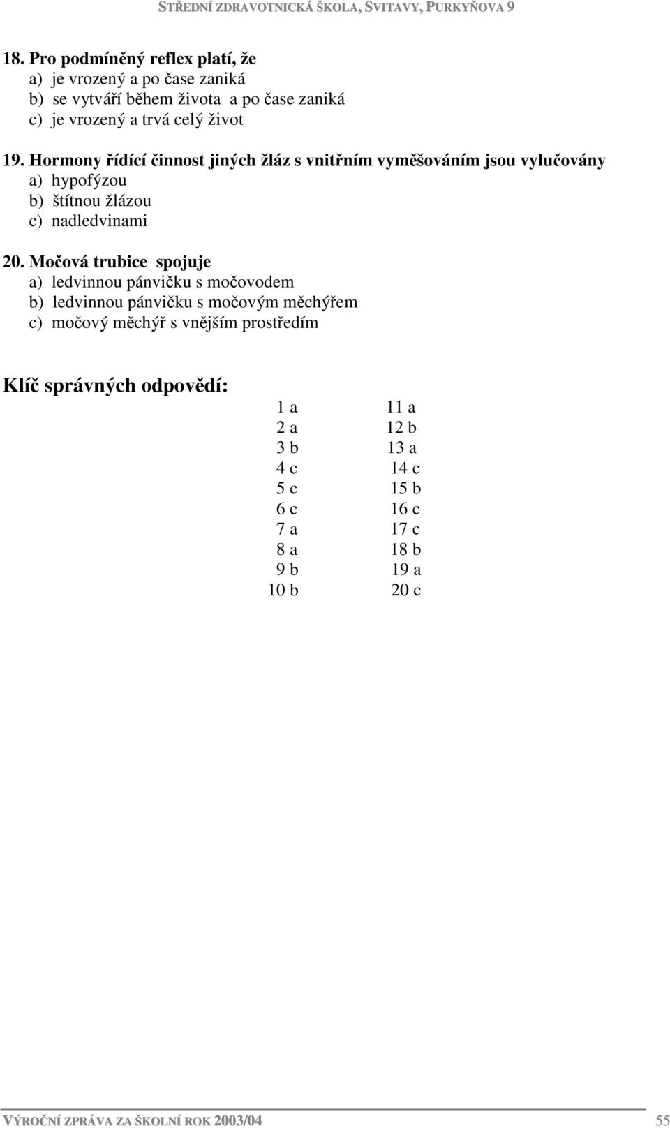 Močová trubice spojuje a) ledvinnou pánvičku s močovodem b) ledvinnou pánvičku s močovým měchýřem c) močový měchýř s vnějším prostředím Klíč