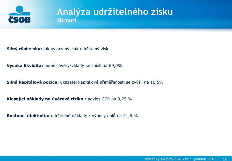 přiměřenosti se zvýšil na 16,5% Klesající náklady na úvěrové riziko : pokles CCR na 0,75 %