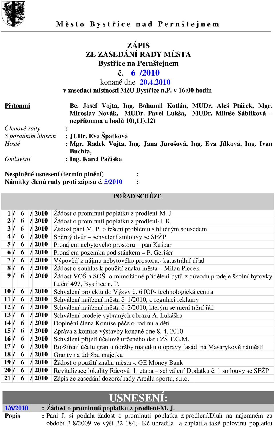 Miluše Sáblíková nepřítomna u bodů 10),11),12) Členové rady : S poradním hlasem : JUDr. Eva Špatková Hosté : Mgr. Radek Vojta, Ing. Jana Jurošová, Ing. Eva Jílková, Ing. Ivan Buchta, Omluveni : Ing.