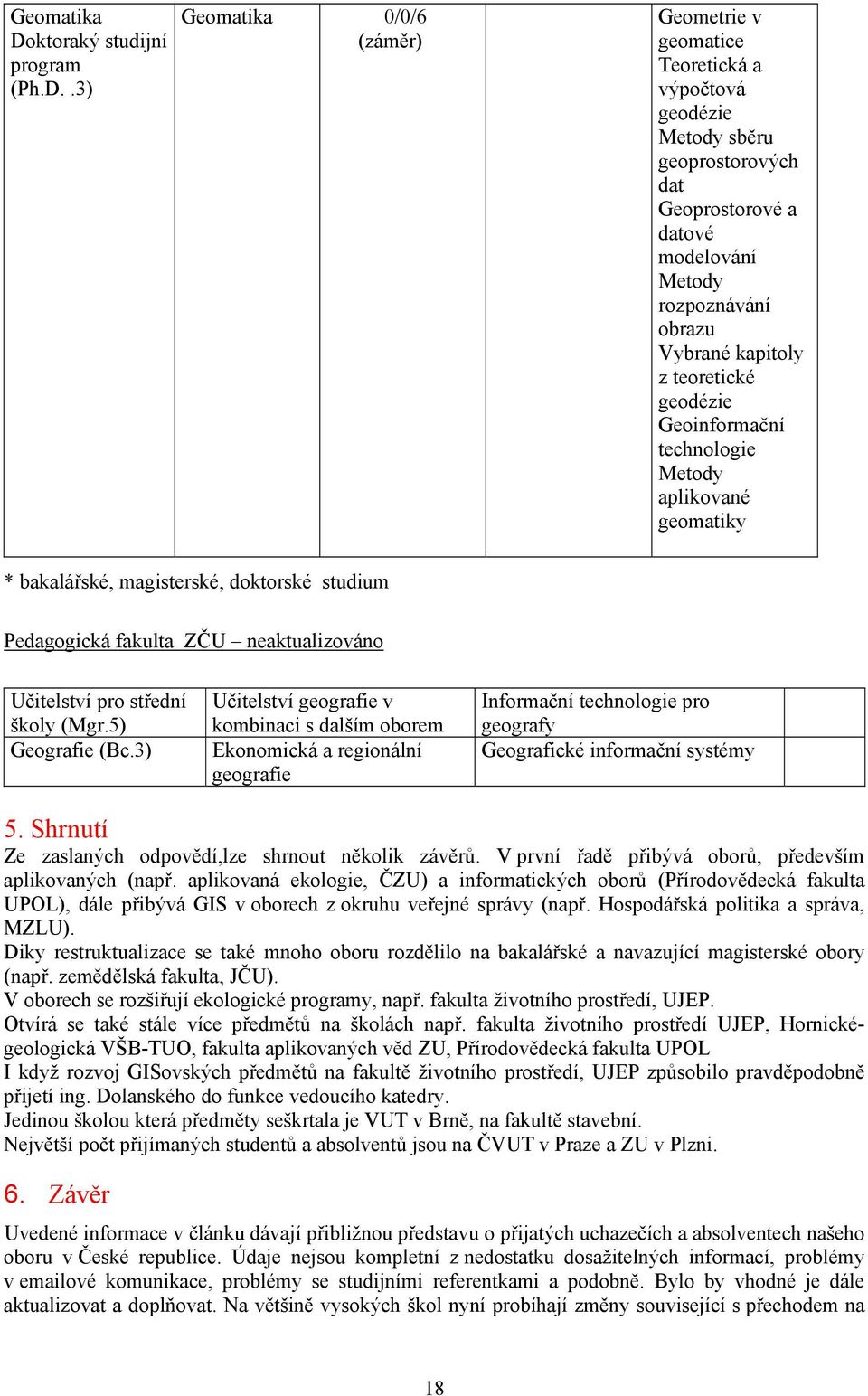 .3) Geomatika 0/0/6 (záměr) Geometrie v geomatice Teoretická a výpočtová geodézie Metody sběru geoprostorových dat Geoprostorové a datové modelování Metody rozpoznávání obrazu Vybrané kapitoly z