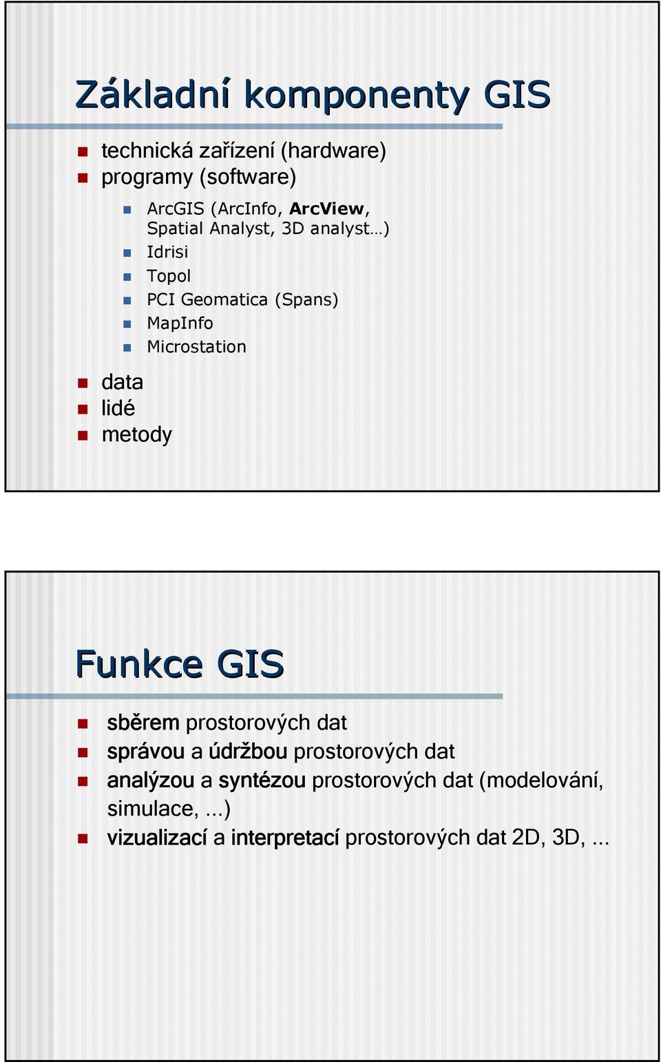 data lidé metody Funkce GIS sběrem prostorových dat správou a údržbou prostorových dat analýzou a