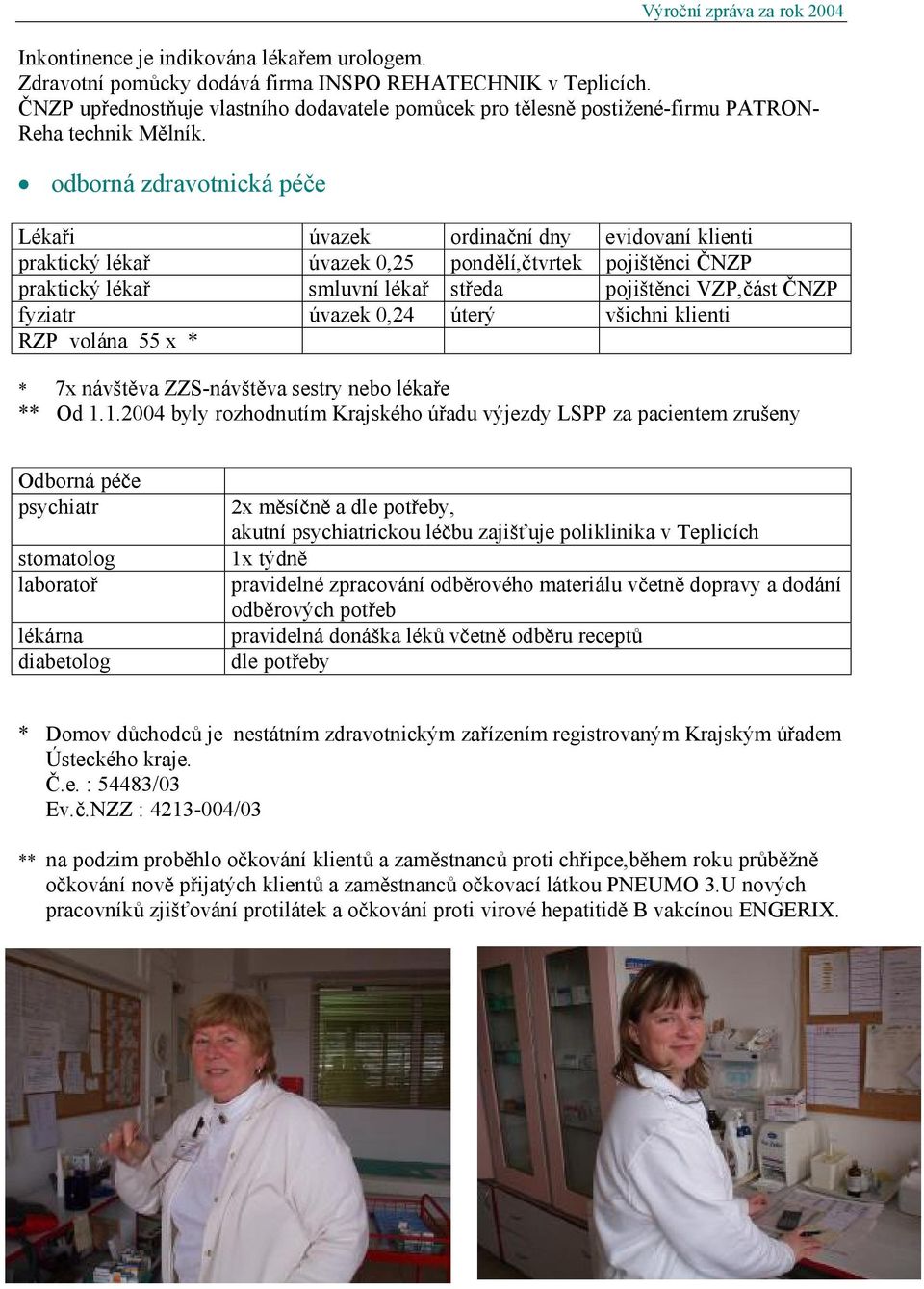 odborná zdravotnická péče Lékaři úvazek ordinační dny evidovaní klienti praktický lékař úvazek 0,25 pondělí,čtvrtek pojištěnci ČNZP praktický lékař smluvní lékař středa pojištěnci VZP,část ČNZP