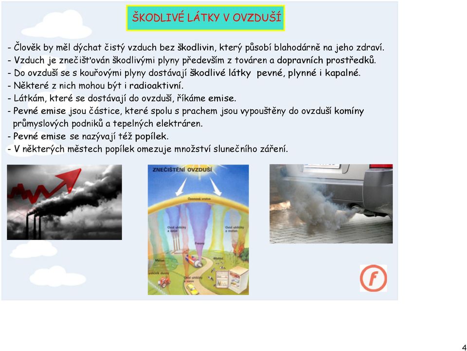 - Do ovzduší se s kouřovými plyny dostávají škodlivé látky pevné, plynné i kapalné. - Některé z nich mohou být i radioaktivní.
