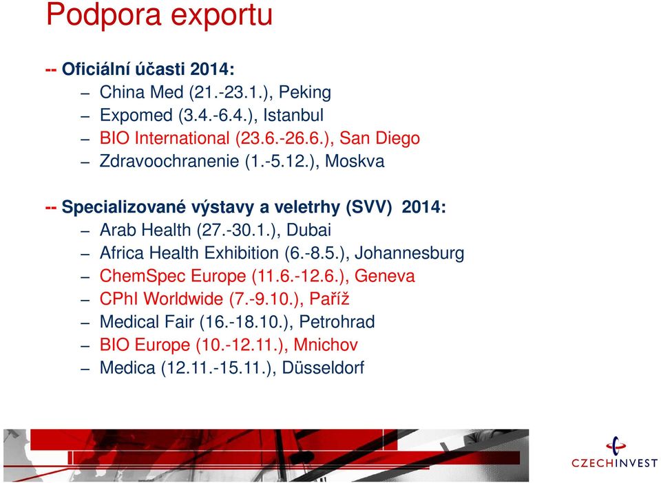 -30.1.), Dubai Africa Health Exhibition (6.-8.5.), Johannesburg ChemSpec Europe (11.6.-12.6.), Geneva CPhI Worldwide (7.