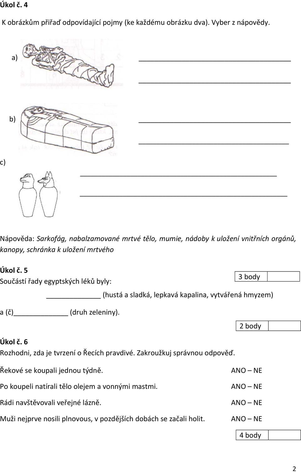 5 Součástí řady egyptských léků byly: (hustá a sladká, lepkavá kapalina, vytvářená hmyzem) a (č) (druh zeleniny). Úkol č.