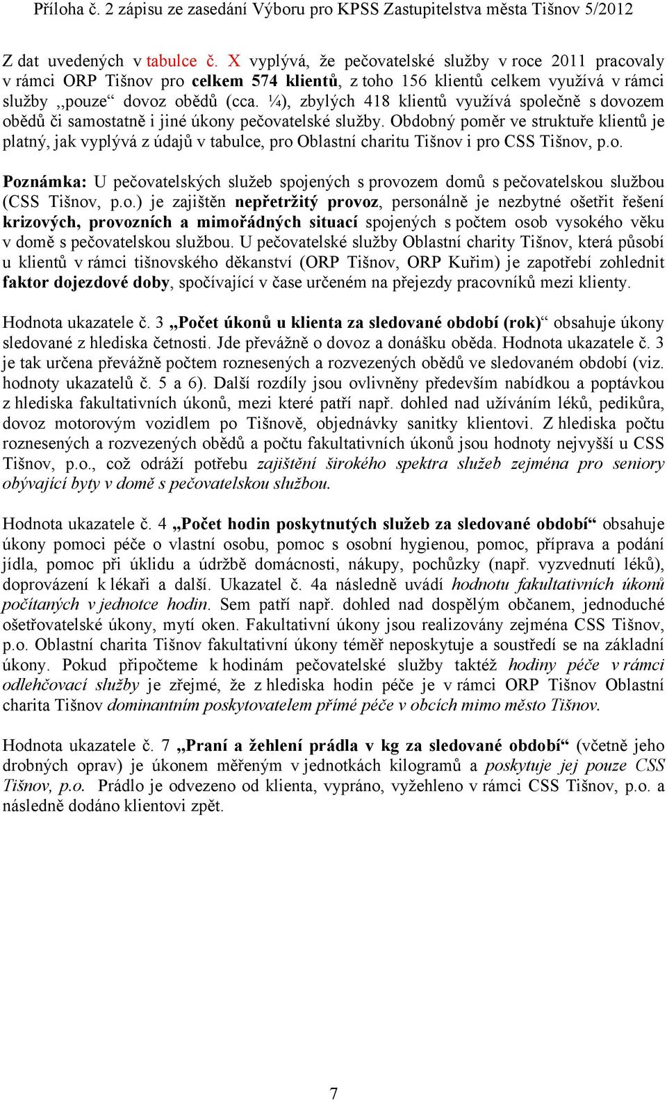 Obdobný poměr ve struktuře klientů je platný, jak vyplývá z údajů v tabulce, pro Oblastní charitu Tišnov i pro CSS Tišnov, p.o. Poznámka: U pečovatelských služeb spojených s provozem domů s pečovatelskou službou (CSS Tišnov, p.