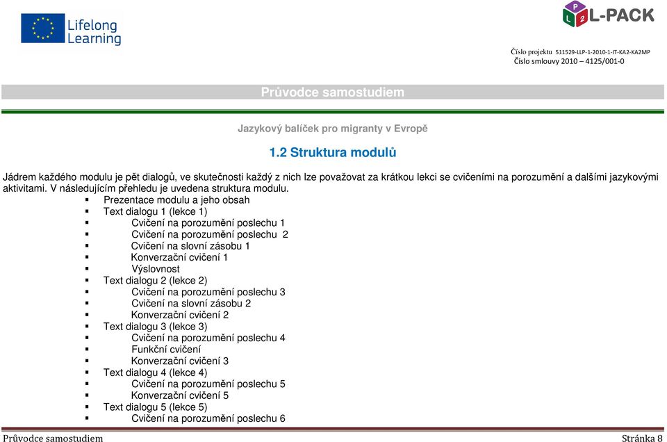 Prezentace modulu a jeho obsah Text dialogu 1 (lekce 1) Cvičení na porozumění poslechu 1 Cvičení na porozumění poslechu 2 Cvičení na slovní zásobu 1 Konverzační cvičení 1 Výslovnost Text