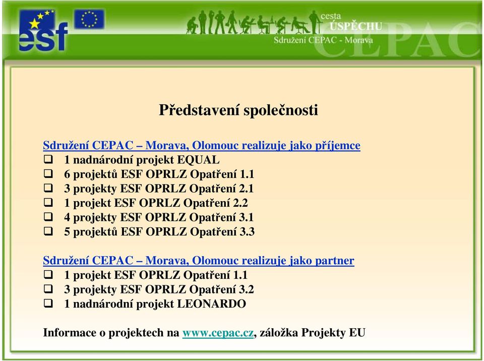 1 5 projektů ESF OPRLZ Opatření 3.3 Sdružení CEPAC Morava, Olomouc realizuje jako partner 1 projekt ESF OPRLZ Opatření 1.