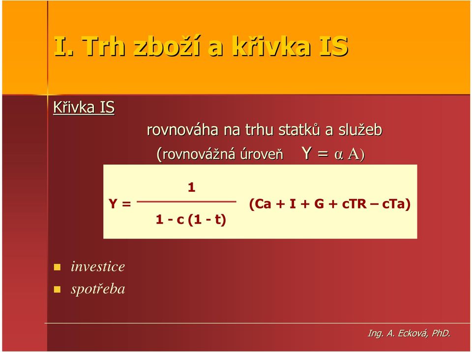 (rovnovážná úroveň Y = α A) Y = 1 1 - c